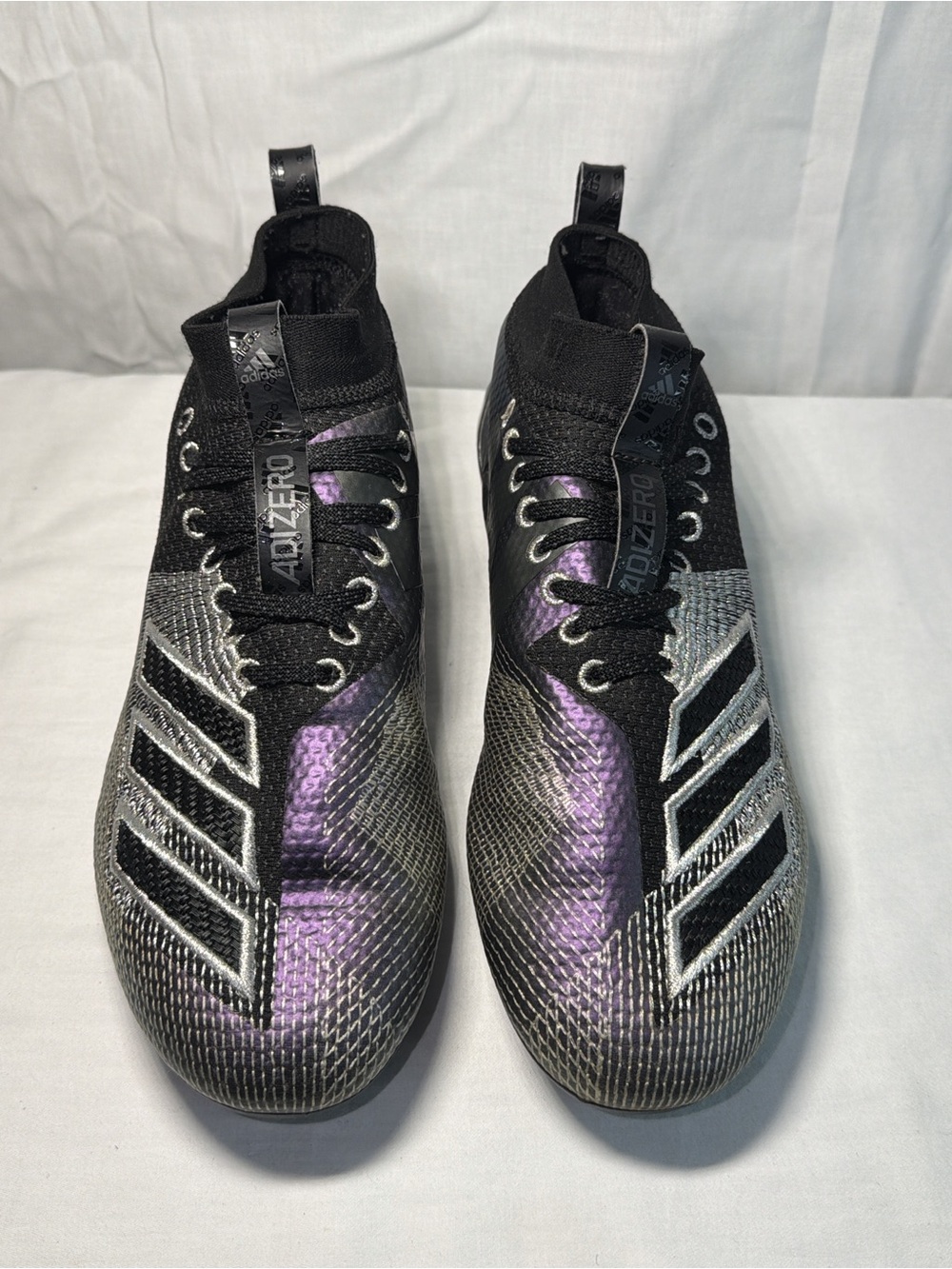 adidas Men’s Adizero Soccer Cleats — Black & Purple with Silver Accents Size US8